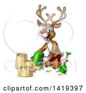 Poster, Art Print Of Happy Cartoon Rudolph Red Nosed Reindeer Making A Sand Castle