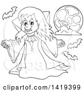 Poster, Art Print Of Black And White Lineart Vampire Girl With Bats And The Moon