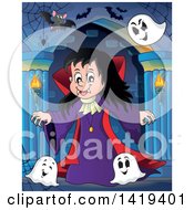 Poster, Art Print Of Vampires Girl With Bats And Ghosts In A Hallway
