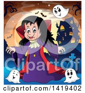 Poster, Art Print Of Vampires Girl With Bats And Ghosts Near A Haunted House Against A Full Moon