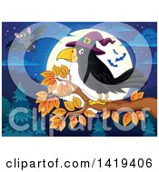 Clipart Of A Halloween Crow Bird Wearing A Witch Hat And Perched On A Branch Over A Full Moon Forest And Bats Royalty Free Vector Illustration by visekart