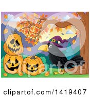 Poster, Art Print Of Crow Wearing A Witch Hat By Halloween Jackolantern Pumpkins Under An Autumn Tree