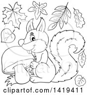 Poster, Art Print Of Black And White Lineart Happy Squirrel With A Mushroom And Fall Leaves