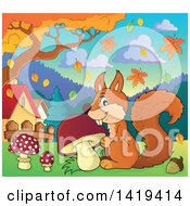 Poster, Art Print Of Happy Squirrel With A Mushroom In An Autumn Park