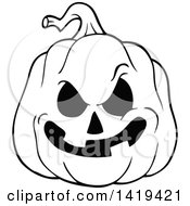 Clipart Of A Black And White Carved Halloween Jackolantern Pumpkin Royalty Free Vector Illustration