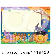 Poster, Art Print Of Blank Rectangular Frame With A Bat Autumn Leaves And Witch Cat In A Halloween Jackolantern Pumpkin