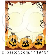 Poster, Art Print Of Halloween Background Border Frame Of Jackolantern Pumpkins Bats And Bare Tree Branches Over Orange