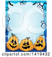 Poster, Art Print Of Halloween Background Border Frame Of Jackolantern Pumpkins Bats And Bare Tree Branches Over Blue