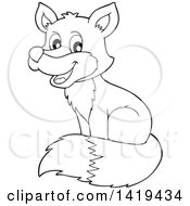 Clipart Of A Black And White Lineart Happy Cute Fox Sitting Royalty Free Vector Illustration by visekart