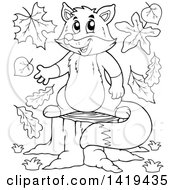Poster, Art Print Of Black And White Lineart Fox Presenting On A Stump