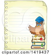 Clipart Of A Professor Owl On A Stack Of Books On A Piece Of Ruled Paper Royalty Free Vector Illustration