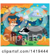 Poster, Art Print Of Cute Fox Hedgehog And Badger In An Autumn Landscape