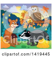 Cute Fox Owl And Badger In An Autumn Landscape