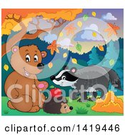 Poster, Art Print Of Cute Bear Hedgehog And Badger In An Autumn Landscape