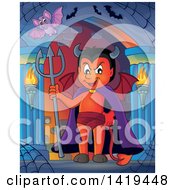 Clipart Of A Grinning Little Devil Holding A Trident In A Hallway Royalty Free Vector Illustration by visekart