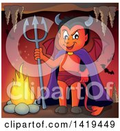 Poster, Art Print Of Grinning Little Devil Holding A Trident In A Cave
