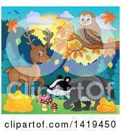 Poster, Art Print Of Cute Deer Owl And Badger In An Autumn Landscape