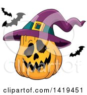 Poster, Art Print Of Halloween Jackolantern Pumpkin With A Witch Hat And Flying Bats