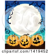 Poster, Art Print Of Full Moon Framed With Bare Tree Branches Vampire Bats And Halloween Jackolantern Pumpkins On Blue