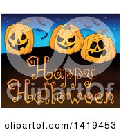 Poster, Art Print Of Happy Halloween Greeting Under Vampire Bats A Starry Sky And Jackolantern Pumpkins