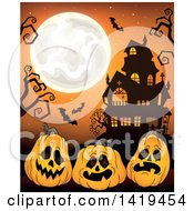 Poster, Art Print Of Full Moon Over A Haunted House With Bats Bare Tree Branches And Halloween Jackolantern Pumpkins Over Orange