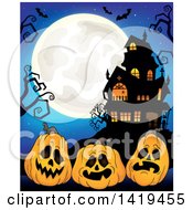 Poster, Art Print Of Full Moon Over A Haunted House With Bats Bare Tree Branches And Halloween Jackolantern Pumpkins Over Blue