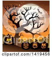 Poster, Art Print Of Full Moon Bare Tree Vampire Bats And Halloween Jackolantern Pumpkins Against An Orange Sky