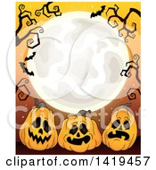 Poster, Art Print Of Full Moon Framed With Bare Tree Branches Vampire Bats And Halloween Jackolantern Pumpkins On Orange