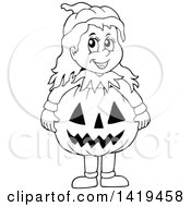 Clipart Of A Black And White Lineart Girl In A Halloween Pumpkin Costume Royalty Free Vector Illustration