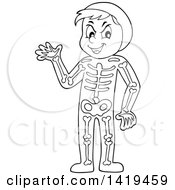 Clipart Of A Black And White Lineart Boy In A Skeleton Costume Royalty Free Vector Illustration
