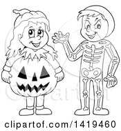 Clipart Of A Boy In A Skeleton Costume And Girl In A Halloween Jackolantern Pumpkin Costume Royalty Free Vector Illustration