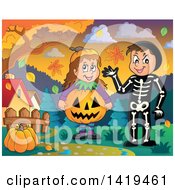Poster, Art Print Of Boy In A Skeleton Costume And Girl In A Halloween Jackolantern Pumpkin Costume In A Park