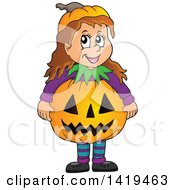 Poster, Art Print Of Caucasian Girl In A Halloween Pumpkin Costume