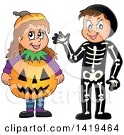 Poster, Art Print Of Boy In A Skeleton Costume And Girl In A Halloween Jackolantern Pumpkin Costume