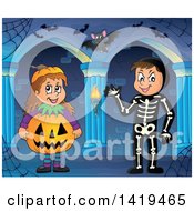 Poster, Art Print Of Boy In A Skeleton Costume And Girl In A Halloween Jackolantern Pumpkin Costume In A Haunted Hallway