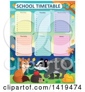Cute Fox Hedgehog And Badger In An Autumn Landscape Under A School Timetable
