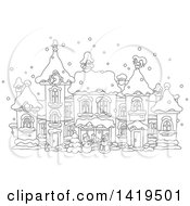 Poster, Art Print Of Black And White Lineart Snowman And Santa Claus In A Snowy Winter Village