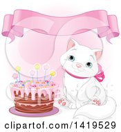 Poster, Art Print Of Cute Blue Eyed White Kitty Cat Wearing A Pink Bow And Sitting By A Birthday Cake Over Pink With A Banner