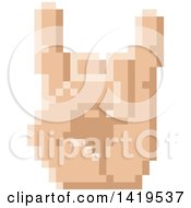 Clipart Of A Retro 8 Bit Pixel Art Styled Hand Gesturing The Sign Of The Horns Royalty Free Vector Illustration by AtStockIllustration