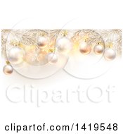 Poster, Art Print Of 3d Flocked Christmas Tree Branches With Baubles Over Snowflakes And Flares