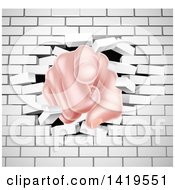 Clipart Of A Cartoon Caucasian Hand Pointing Outwards Breaking Through A White Brick Wall Royalty Free Vector Illustration