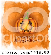 Clipart Of A Jackolantern Pumpkin Over Happy Halloween Text On Grungy Watercolor Orange Royalty Free Vector Illustration
