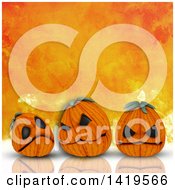 Poster, Art Print Of 3d Halloween Jackolantern Pumpkins On A Reflective Surface Over Orange Watercolor