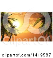 3d Orange Tropical Ocean Sunset With Palm Trees