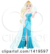 Clipart Of A Beautiful Blond Princess In A Blue Winter Dress Holding A Snowflake Royalty Free Vector Illustration