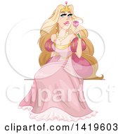 Clipart Of A Beautiful Blond Princess In A Pink Gown Sitting And Holding A Flower Royalty Free Vector Illustration by Liron Peer