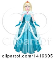 Clipart Of A Beautiful Blond Princess In A Blue Winter Cloak And Gown Royalty Free Vector Illustration by Liron Peer