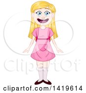 Poster, Art Print Of Happy Blond Haired Blue Eyed Caucasian Girl In A Pink Dress