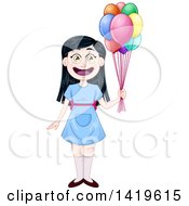 Poster, Art Print Of Happy Black Haired Girl In A Blue Dress Holding Party Balloons