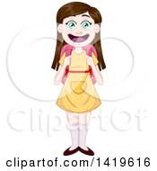 Clipart Of A Happy Brunette Caucasian Girl Wearing A School Backpack And A Yellow Dress Royalty Free Vector Illustration by Liron Peer